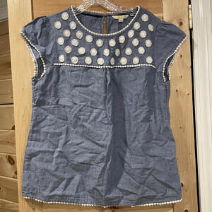 Boden Women's Blue Linen-Cotton Blouse with White Pom Pom Trim